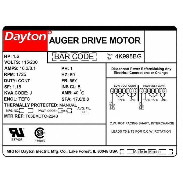 Auger Drive Motor, Capacitor-Start, 1 1/2 HP, 115/230V AC, 1,725 Nameplate RPM, 56Y Frame