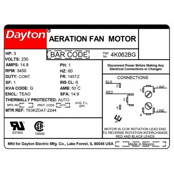 Capacitor-Start Aeration Fan Motor, 3 HP, 230V AC Voltage, 145TZ Frame, 3,450 Nameplate RPM