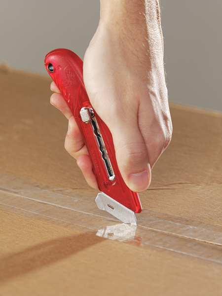 Safety Knife, 3 Fixed Blade Depths, 5 3/4 in L, Safety Point, Steel Blade, Green Plastic Handle