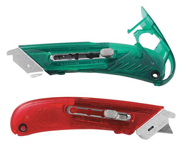 Safety Knife, 3 Fixed Blade Depths, 5 3/4 in L, Safety Point, Steel Blade, Green Plastic Handle