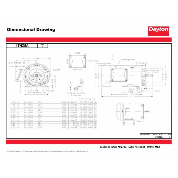 3-Phase General Purpose Motor, 3/4 HP, 56C Frame, 230/460V AC Voltage, 1,135 Nameplate RPM