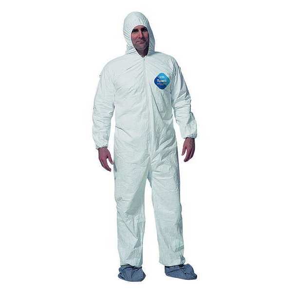 Tyvek 400 Hooded Disposable Coverall, Attached Skid-Resistant Boots, Large, White, 25 Pack