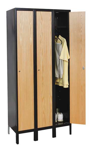 Wardrobe Locker, 45 in W, 18 in D, 78 in H, (1) Tier, (3) Wide, Light Wood/Black