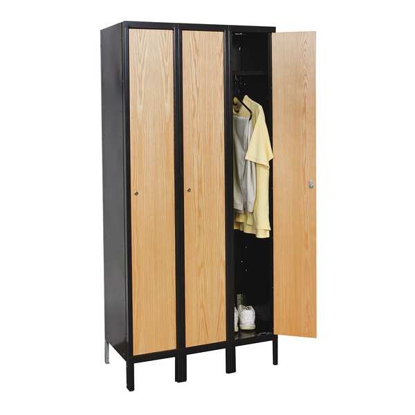 Wardrobe Locker, 36 in W, 18 in D, 78 in H, (1) Tier, (3) Wide, Light Wood/Black