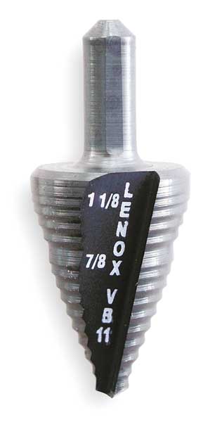 Step Drill Bit, 2 Hole Sizes, 7/8 in to 1-1/8 in, 1/4 in Step Increments, Straight with Three Flats