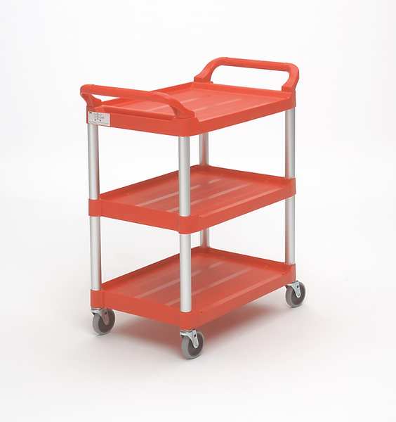 Plastic Dual-Handle Utility Cart with Lipped Plastic Shelves, (2) Raised, 3 Shelves, 200 lb