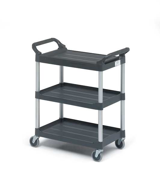 Plastic Dual-Handle Utility Cart with Lipped Plastic Shelves, (2) Raised, 3 Shelves, 200 lb