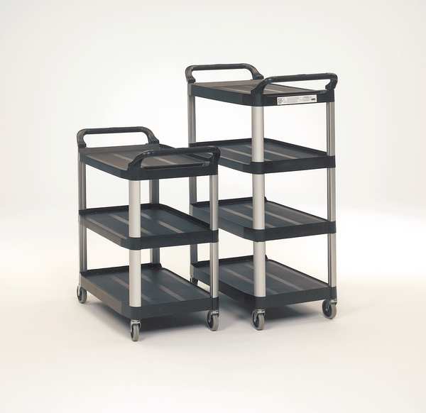 Plastic Dual-Handle Utility Cart with Lipped Plastic Shelves, (2) Raised, 4 Shelves, 300 lb