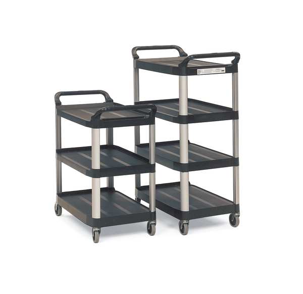 Plastic Dual-Handle Utility Cart with Lipped Plastic Shelves, (2) Raised, 4 Shelves, 300 lb