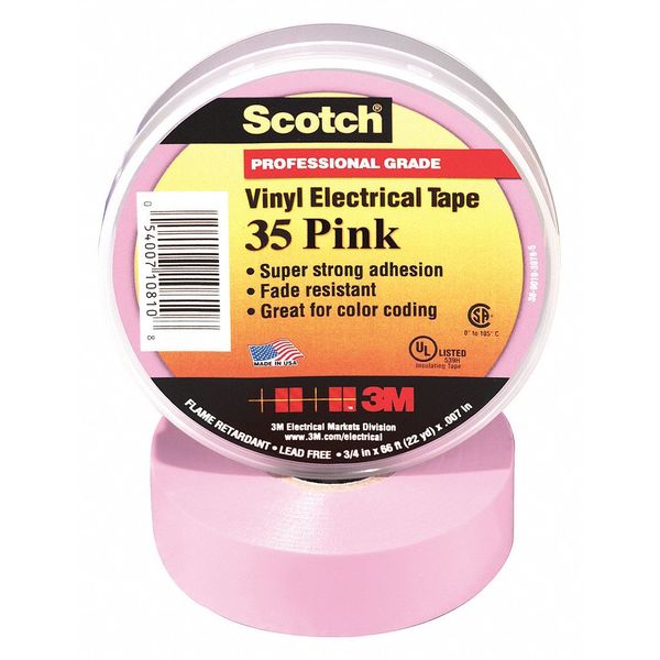 Vinyl Electrical Tape, 35, Scotch, 3/4 in W x 66 ft L, 7 mil thick, Pink, 1 Pack