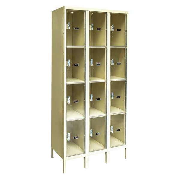 Box Locker, 36 in W, 12 in D, 78 in H, (3) Wide, (12) Openings, Tan