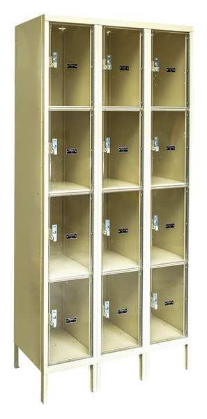 Box Locker, 36 in W, 12 in D, 78 in H, (3) Wide, (12) Openings, Tan