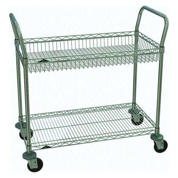 Steel Utility Cart with Deep & Shallow Lipped Wire Shelves, (2) Raised, 2 Shelves, 375 lb