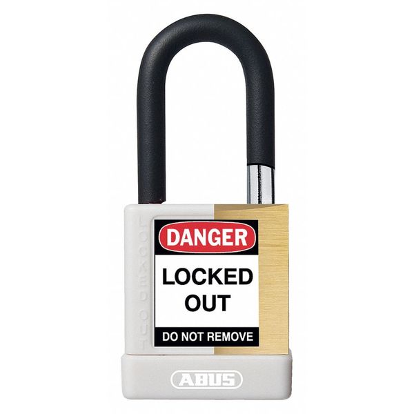 Keyed Padlock, Open, Rectangular Brass Body, Plastic Encased Hardened Steel Shackle, 3/4 in W