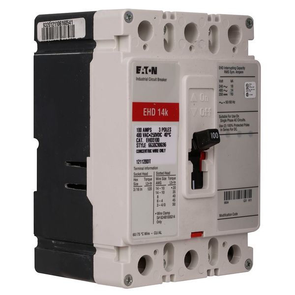 Molded Case Circuit Breaker, 100 A, 480V AC, 3 Pole, Free Standing Mounting Style, EHD Series