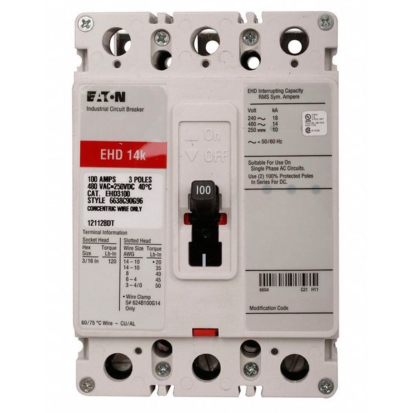 Molded Case Circuit Breaker, 100 A, 480V AC, 3 Pole, Free Standing Mounting Style, EHD Series