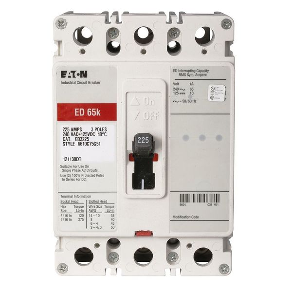 Molded Case Circuit Breaker, 225 A, 240V AC, 3 Pole, Free Standing Mounting Style, ED Series