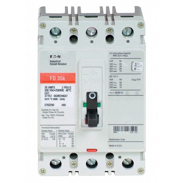 Molded Case Circuit Breaker, 30 A, 600V AC, 3 Pole, Free Standing Mounting Style, FD Series