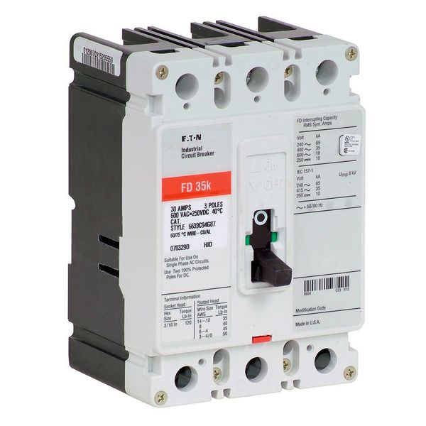 Molded Case Circuit Breaker, 30 A, 600V AC, 3 Pole, Free Standing Mounting Style, FD Series