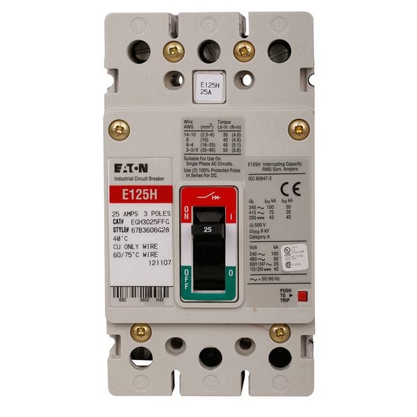 Molded Case Circuit Breaker, 25 A, 347/600V AC, 3 Pole, Free Standing Mounting Style, EG Series