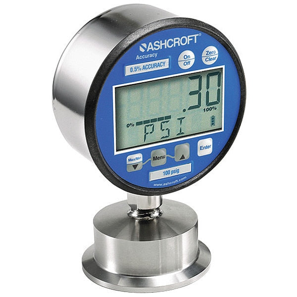 Digital Pressure Gauge, -1 to 0 to 1 psi, 1 1/2 in Triclamp, Silver