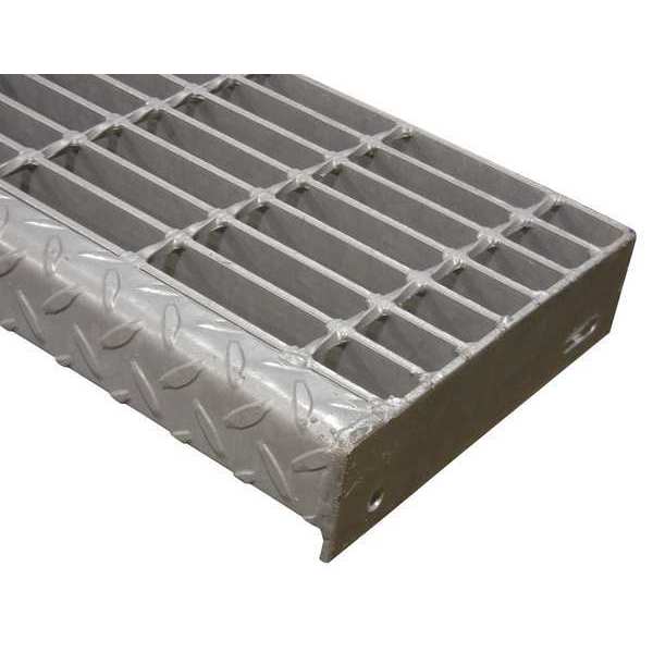 Bar Grating Stair Tread, Galvanized steel Serrated Surface, 42 in W, 10 15/16 in D, Checker Plate