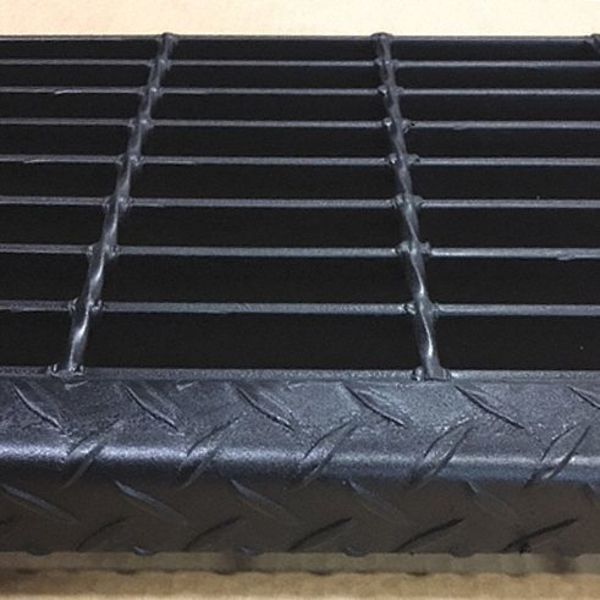 Bar Grating Stair Tread, Black Painted Steel Serrated Surface, 24 in W, 9 3/4 in D, Checker Plate