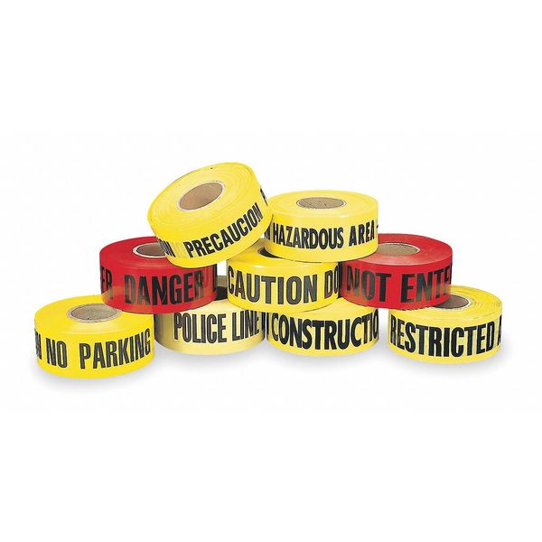 Barricade Tape, Caution, Yellow, 3 in Wide x 1000 ft Long, Polyethylene, 1.6 mil Thickness