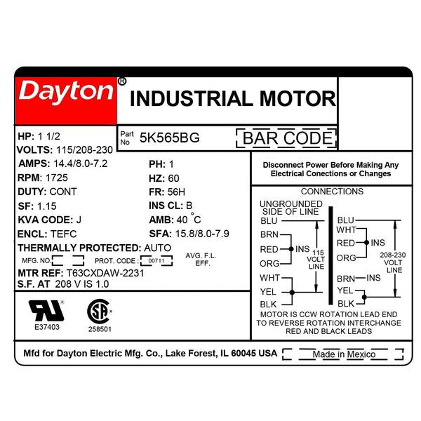 Capacitor-Start/Run General Purpose Motor, 1 1/2 HP, 115/208-230V AC Voltage, 56H Frame