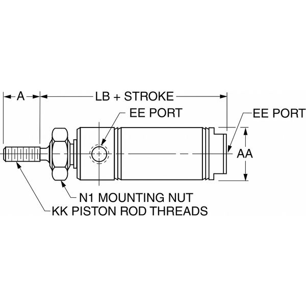 Air Cylinder, 1 1/4 in Bore, 5 in Stroke, Round Body Single Acting