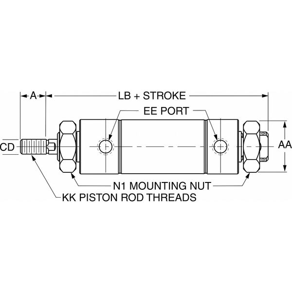 Air Cylinder, 1 1/16 in Bore, 1 in Stroke, Round Body Double Acting