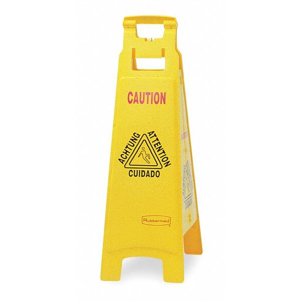 Floor Safety Sign, Caution Wet Floor, Eng, 37 in H, 12 in W, HDPE, Triangle, English, FG611477YEL