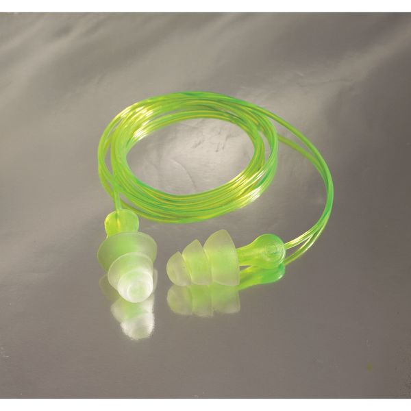 Tri-Flange Reusable Corded Ear Plugs, Fanged Shape, NRR 26 dB, M, Yellow/Clear, 100 Pairs