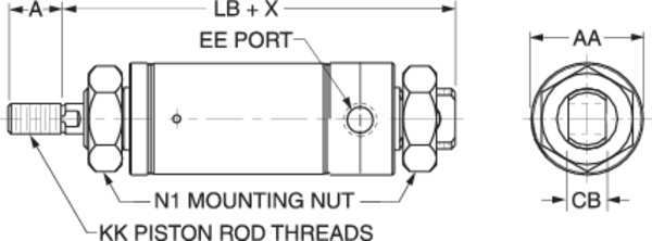 Air Cylinder, 1 1/2 in Bore, 1 in Stroke, Round Body Single Acting