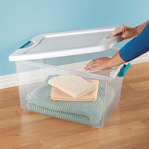 Storage Tote, Clear/White, Polypropylene, 23 3/4 in L, 16 in W, 13 1/2 in H, 16 gal Volume Capacity