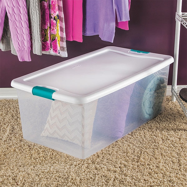 Storage Tote, Clear/White, Polypropylene, 33 7/8 in L, 18 3/4 in W, 7 in H, 14 gal Volume Capacity
