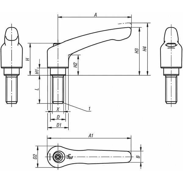 Adjustable Handle, Modern Design, Sz. 2, 1/4-20X20, Die Cast Zinc Silver Metallic, Comp: Steel