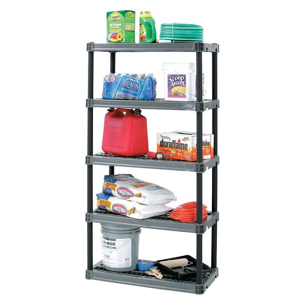 Freestanding Plastic Shelving Unit, Open Style, 18 in D, 36 in W, 73 3/4 in H, 5 Shelves, Dark Gray