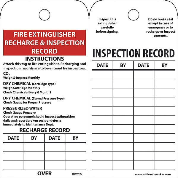 Fire Extinguisher Recharge & Inspection Record Instructions Tag
