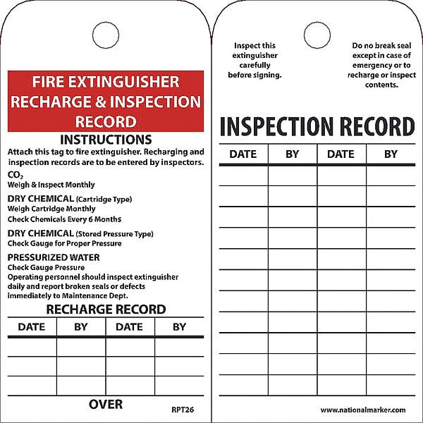 Fire Extinguisher Recharge & Inspection Record Tag, Pk25