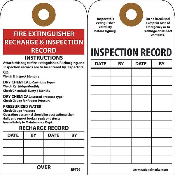 Fire Extinguisher Recharge & Inspection Record Tag, Pk25
