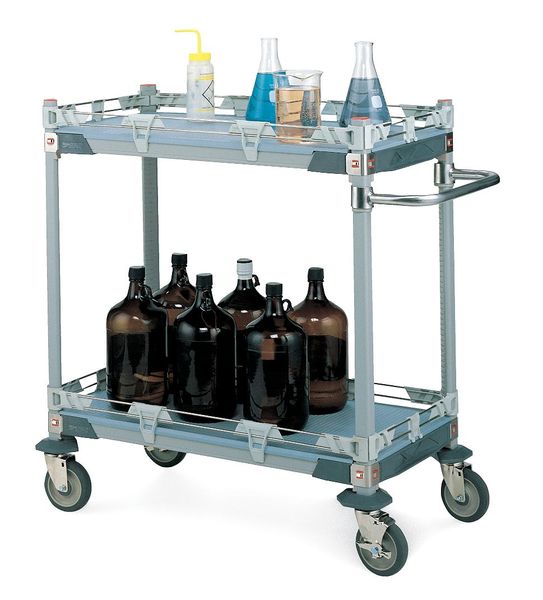 Polymer Chemical-Resistant Utility Cart with Antimicrobial Lipped Plastic Shelves, Flat, 2 Shelves
