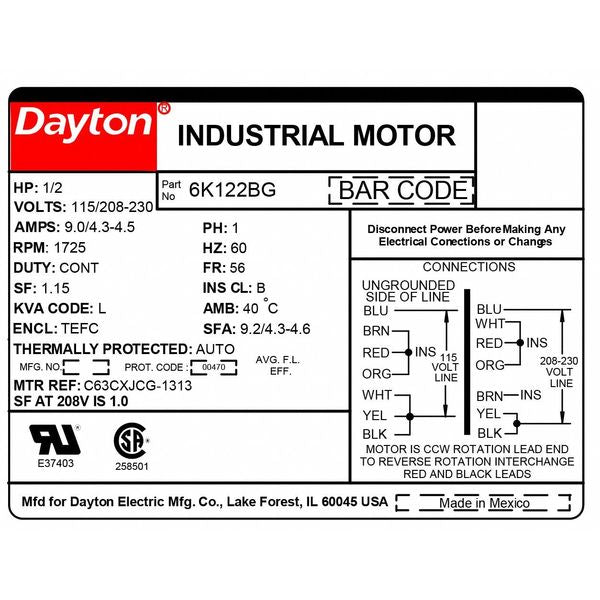 Capacitor-Start General Purpose Motor, 1/2 HP, 115/208-230V AC Voltage, 56 Frame
