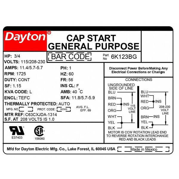 Capacitor-Start General Purpose Motor, 3/4 HP, 115/208-230V AC Voltage, 56 Frame