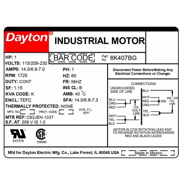 Capacitor-Start General Purpose Motor, 1 HP, 115/208-230V AC Voltage, 56HZ Frame