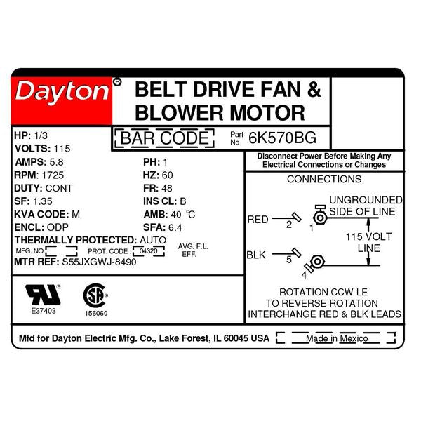 Split-Phase Belt Drive Motor, 1/3 HP, 48 Frame, 115V AC Voltage, 1,725 Nameplate RPM