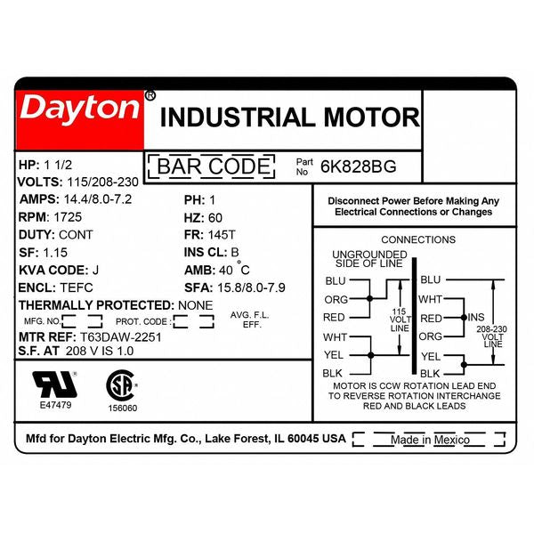 Capacitor-Start/Run General Purpose Motor, 1 1/2 HP, 115/208-230V AC Voltage, 145T Frame