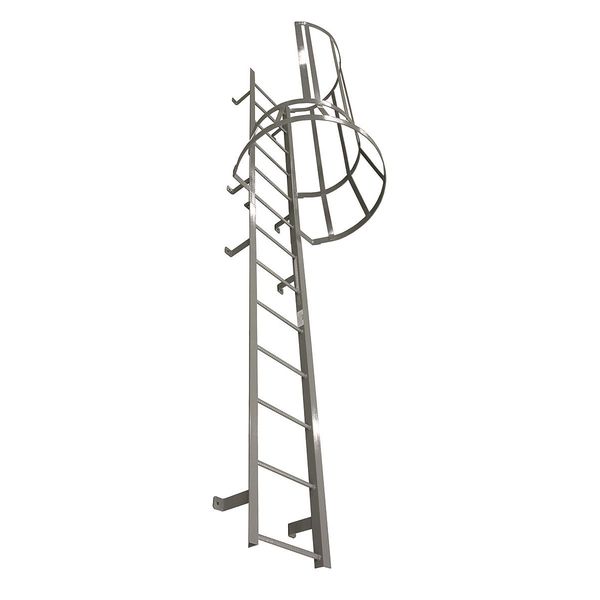 25 ft 3 in Fixed Ladder with Safety Cage, Steel, 26 Steps, Left Exit, Powder Coated Finish