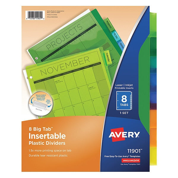 AveryÂ® Big Tabâ¢ Insertable Plastic Dividers 11901, 8 Multicolor Tabs, 1 Set