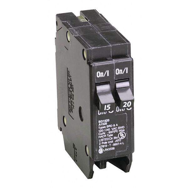 Circuit Breaker, 15/20 A, 120V AC, 1 Pole, Plug In Mounting Style, BD Series